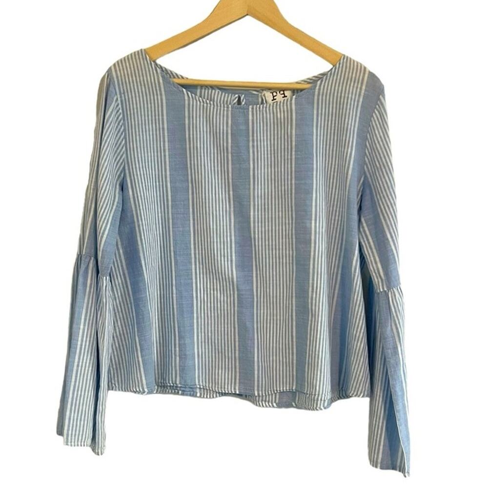 PPLA Eva Woven Top Women L Cotton Boho Bell Sleeve Cropped Beach Coastal Spring